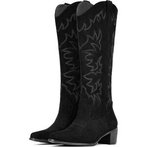 Women's Suede Black Knee High Western Cowgirl Boots Snip Toe Zipper Chunky Heel